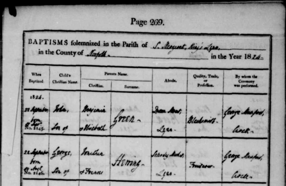 Parish Register recording the borth of George Gerring in 1824.
