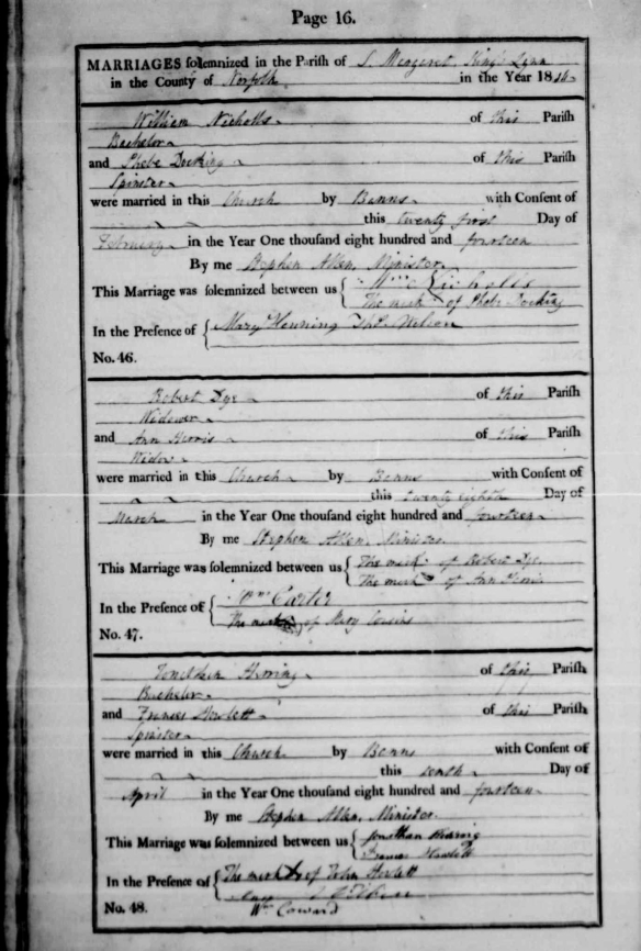 Marriage Register from KIng's Lynn recording the marriage of Jonathan Herring and Frances Howlett